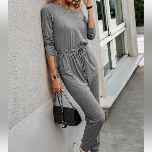 Classic Elegant Asymmetrical Neck Long Sleeve Knot Tie Waist Tee Jumpsuit - Picture 10 of 11